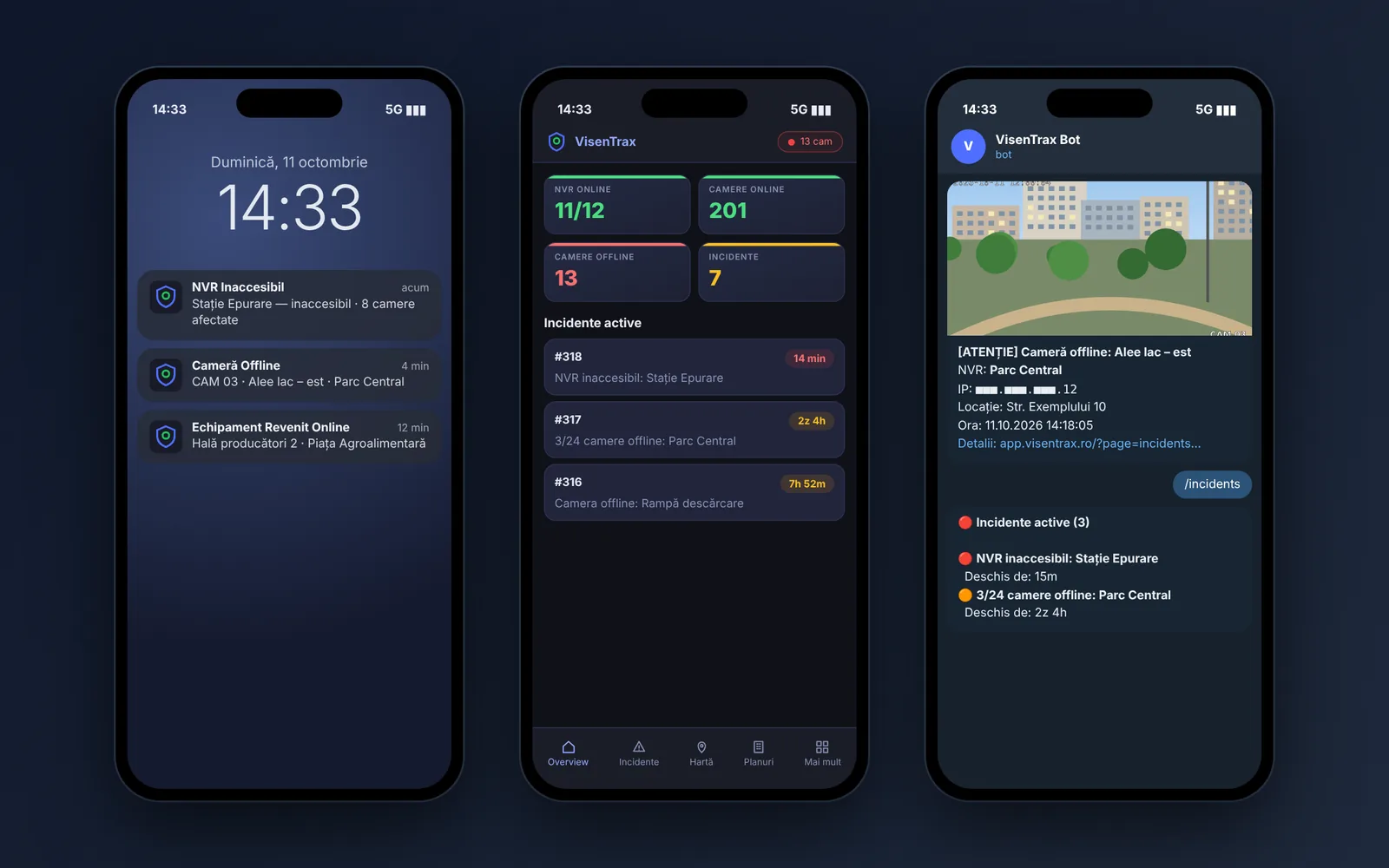 Alertă VisenTrax pe telefon: notificare push, aplicația mobilă și mesaj Telegram cu poza camerei (date demonstrative)