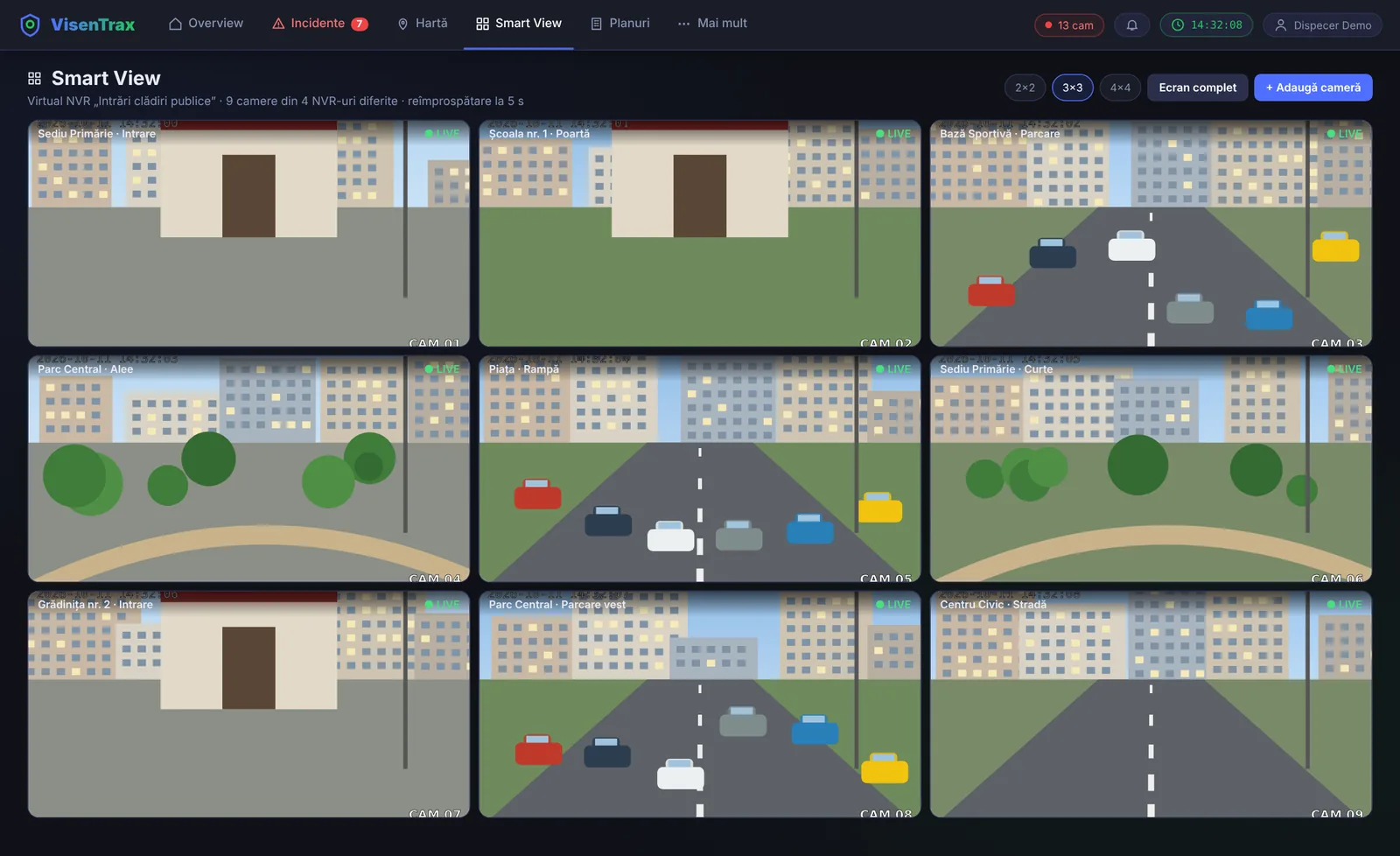 Smart View: grilă cu camere din mai multe NVR-uri (date demonstrative)